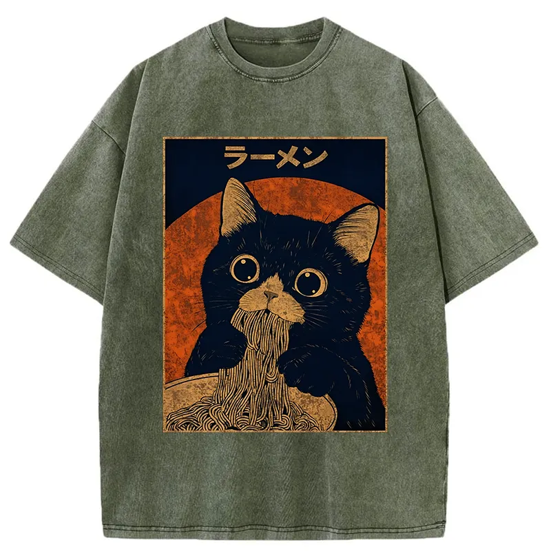 Tokyo-Tiger Retro Black Cat Eats Delicious Ramen Washed T-Shirt Sale