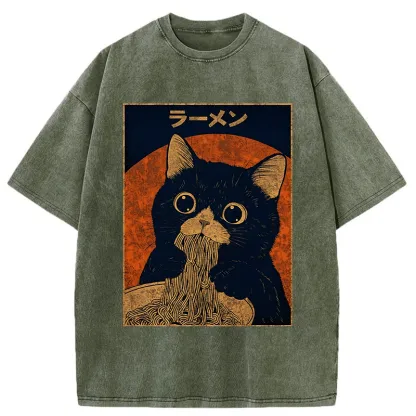 Tokyo-Tiger Retro Black Cat Eats Delicious Ramen Washed T-Shirt