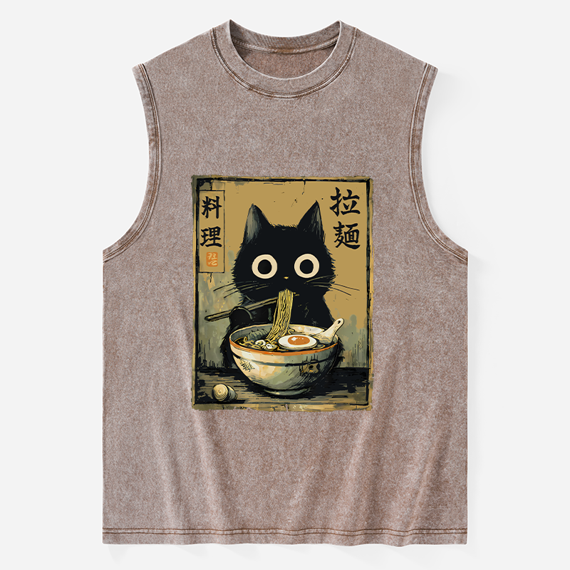 Tokyo-Tiger Cute Black Cat Eating Ramen Japan Washed Tank