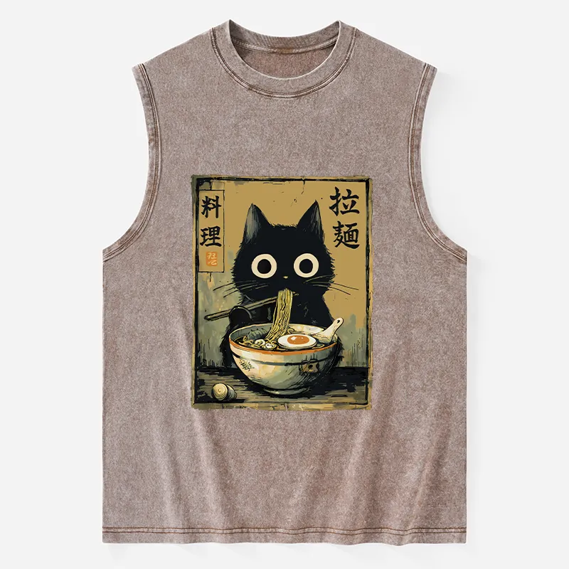 Tokyo-Tiger Cute Black Cat Eating Ramen Japan Washed Tank