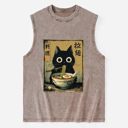 Tokyo-Tiger Cute Black Cat Eating Ramen Japan Washed Tank