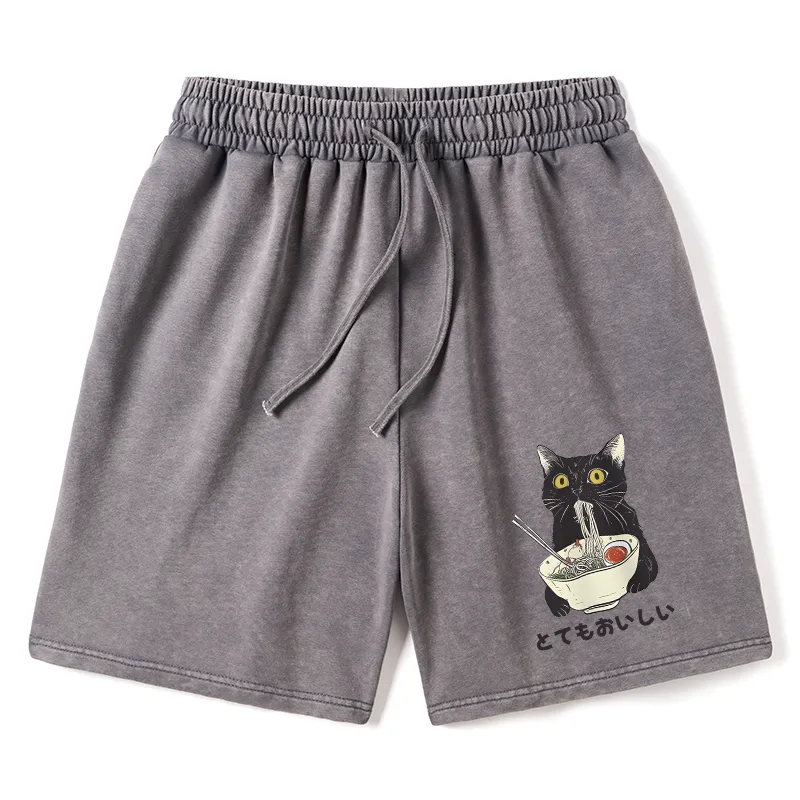 Tokyo-Tiger Cats Eat Ramen Noodles Washed Shorts