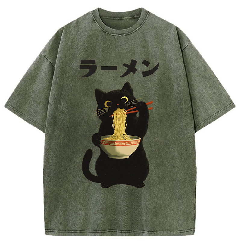 Tokyo-Tiger Black Cat Ate A Large Bowl Of Ramen Washed T-Shirt
