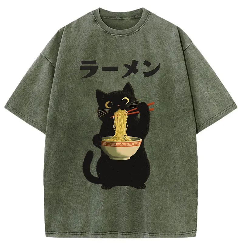 Tokyo-Tiger Black Cat Ate A Large Bowl Of Ramen Washed T-Shirt