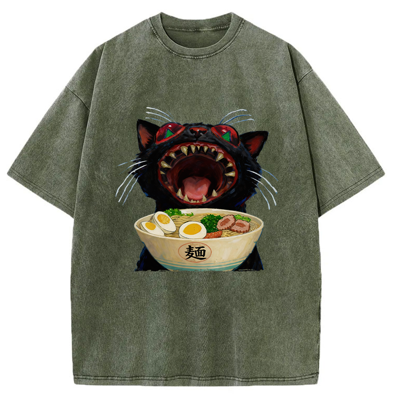 Tokyo-Tiger Black Cat Is Ready To Eat Ramen Washed T-Shirt