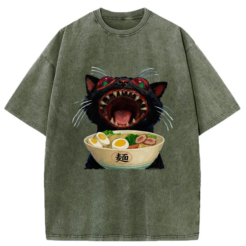 Tokyo-Tiger Black Cat Is Ready To Eat Ramen Washed T-Shirt