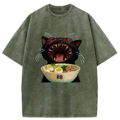 Tokyo-Tiger Black Cat Is Ready To Eat Ramen Washed T-Shirt
