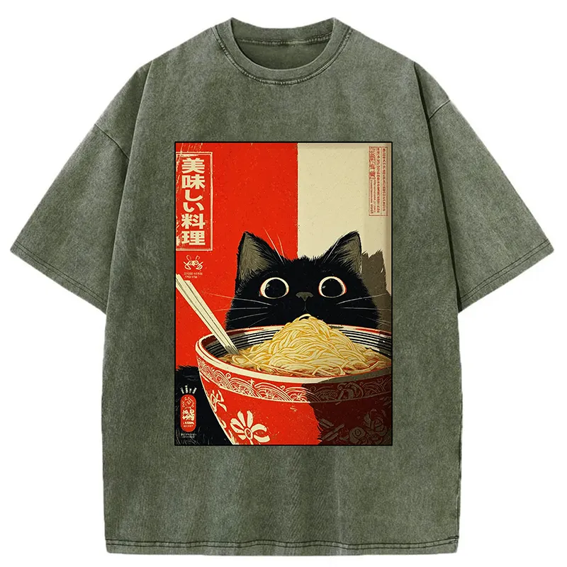 Tokyo-Tiger Cat Eats A Large Portion Of Ramen Washed T-Shirt