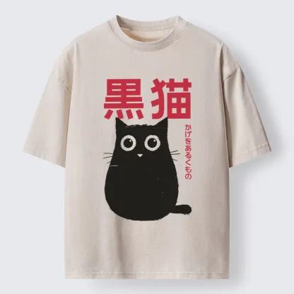 Tokyo-Tiger Round Black Cat Washed T-Shirt