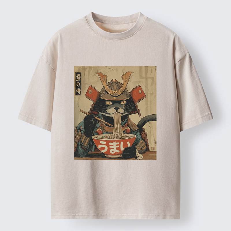 Tokyo-Tiger Cat Japanese Samurai Eating Ramen Washed T-Shirt
