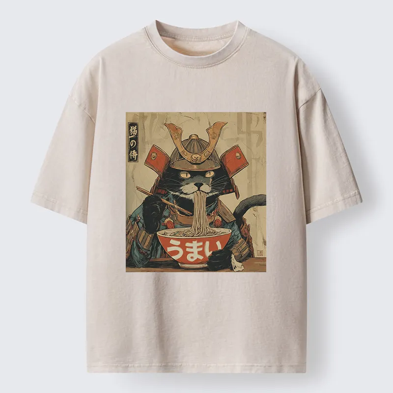 Tokyo-Tiger Cat Japanese Samurai Eating Ramen Washed T-Shirt