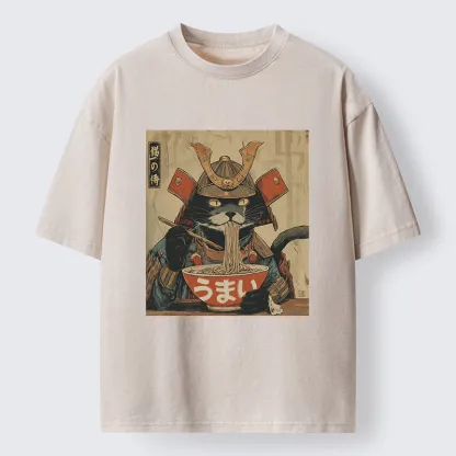 Tokyo-Tiger Cat Japanese Samurai Eating Ramen Washed T-Shirt