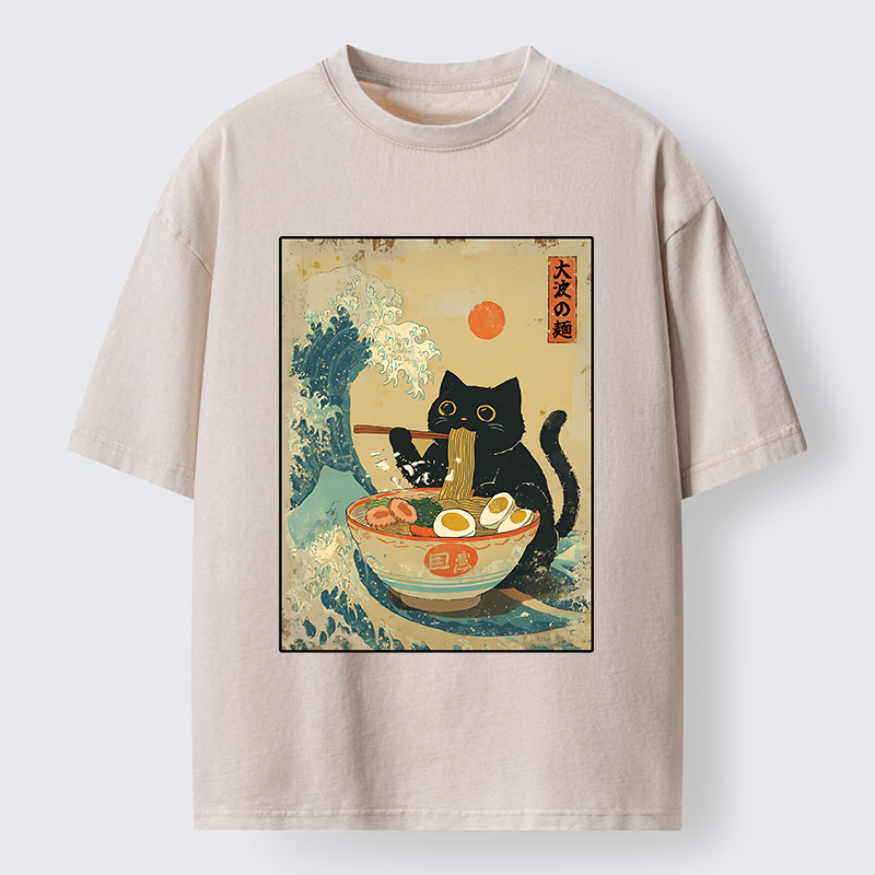 Tokyo-Tiger Cat Eats A Large Portion Of Ramen Washed T-Shirt