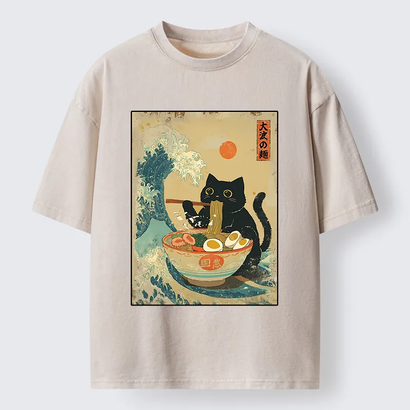 Tokyo-Tiger Cat Eats A Large Portion Of Ramen Washed T-Shirt