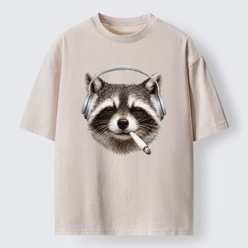 Tokyo-Tiger Raccoon Listening To Music Now Washed T-Shirt