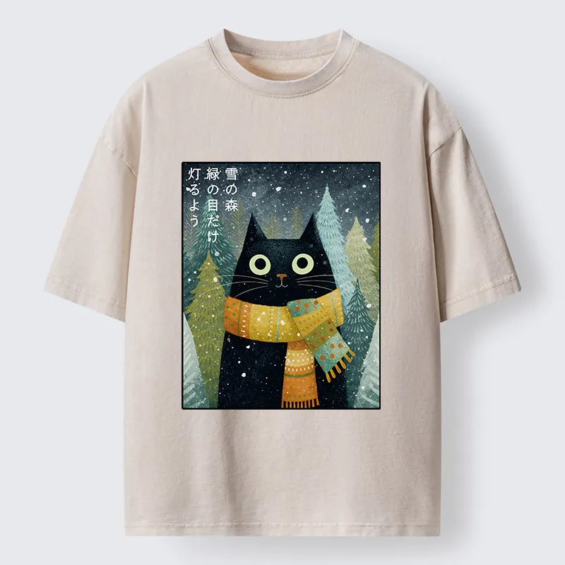 Tokyo-Tiger Black Cat With Green Eyes Washed T-Shirt