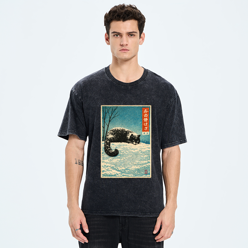 Tokyo-Tiger A Cat In Winter Silence Washed T-Shirt