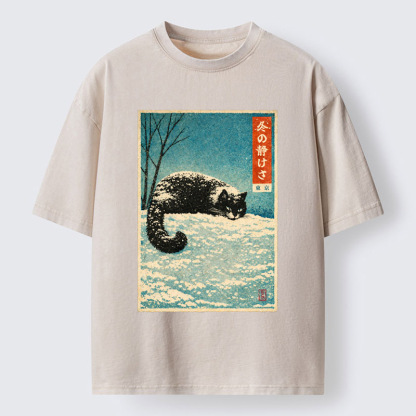 Tokyo-Tiger A Cat In Winter Silence Washed T-Shirt