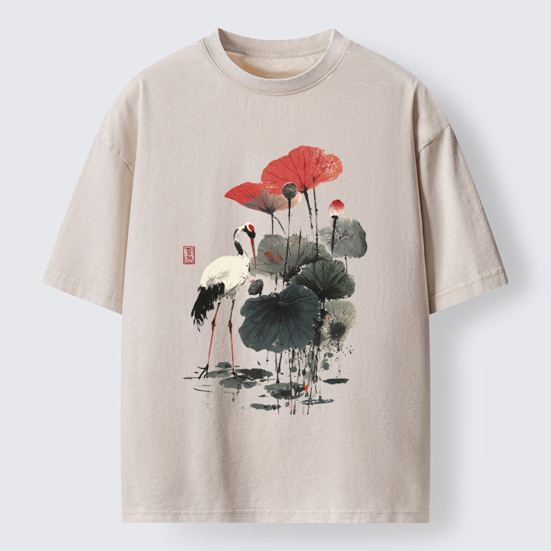 Tokyo-Tiger White Crane Among Lotus Washed T-Shirt