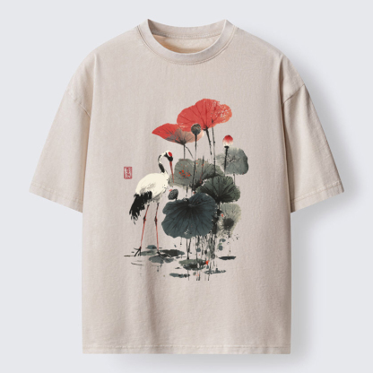 Tokyo-Tiger White Crane Among Lotus Washed T-Shirt