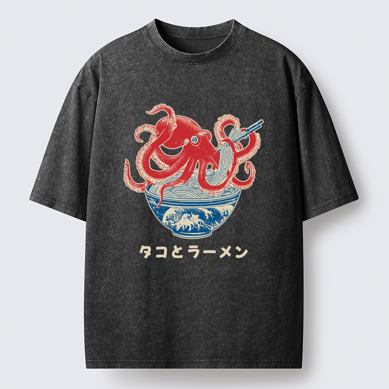 Tokyo-Tiger Octopus Eating Ramen Washed T-Shirt