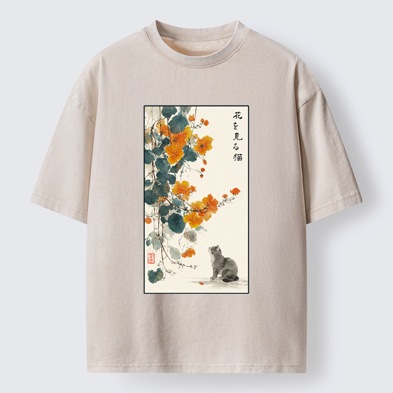 Tokyo-Tiger A Cat Watching Flowers Washed T-Shirt