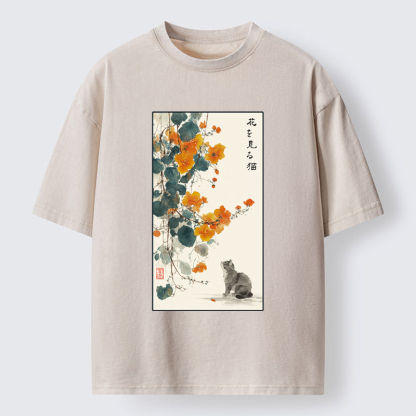 Tokyo-Tiger A Cat Watching Flowers Washed T-Shirt
