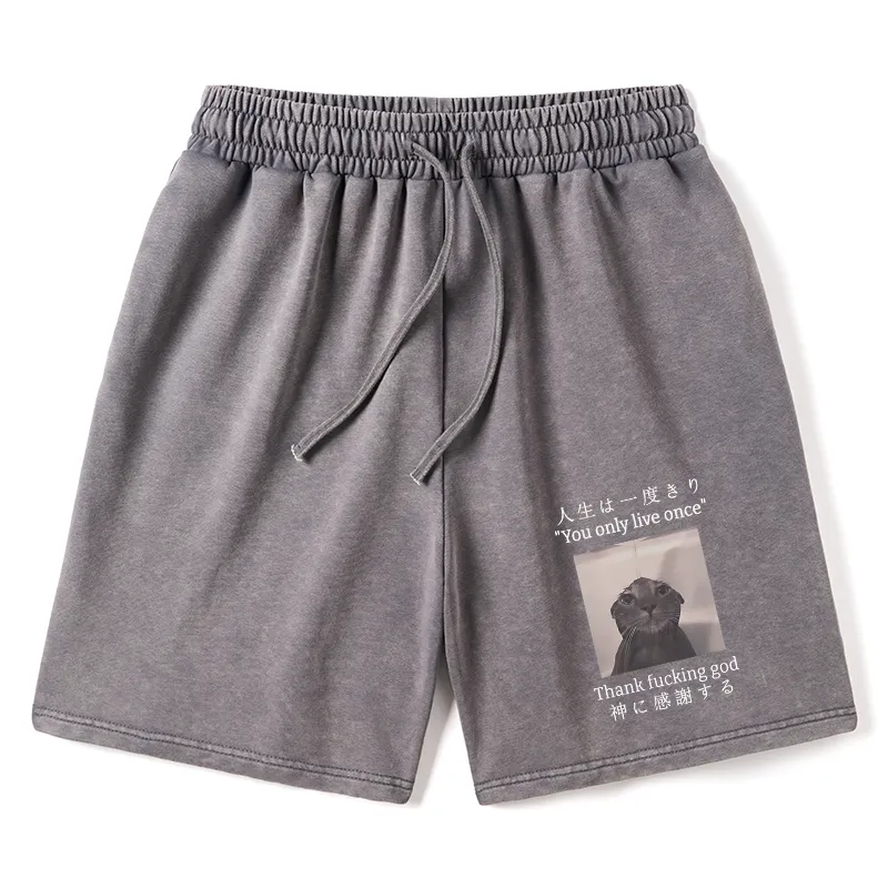 Tokyo-Tiger Funny Melancholy Cat Washed Shorts