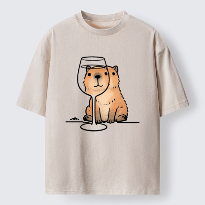 Tokyo-Tiger Capybara With A Glass Washed T-Shirt