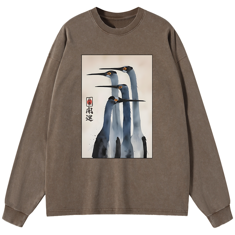 Tokyo-Tiger Retro Sandhill Crane Washed Long Sleeve T-Shirt
