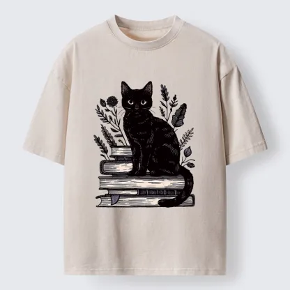 Tokyo-Tiger Books And Cats Washed T-Shirt