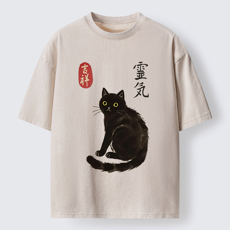 Tokyo-Tiger Japanese Black Cat Washed T-Shirt