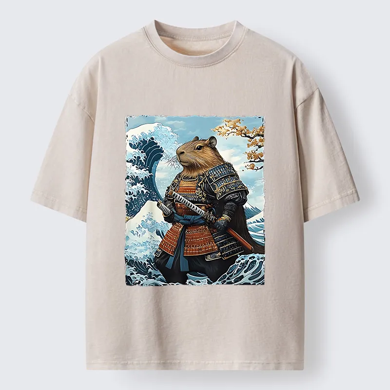 Tokyo-Tiger Capybara Japanese Samurai  And Waves Washed T-Shirt