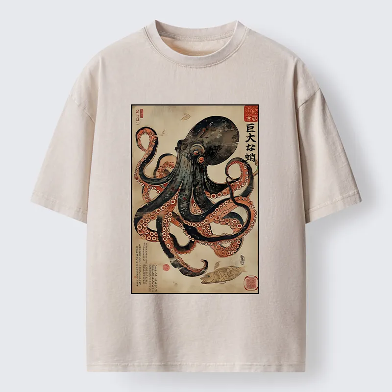 Tokyo-Tiger Retro Octopus Painting Washed T-Shirt
