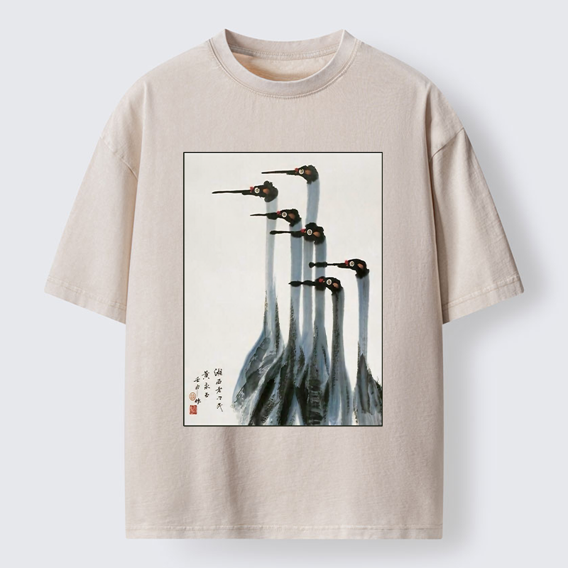 Tokyo-Tiger Retro Crane Painting Washed T-Shirt