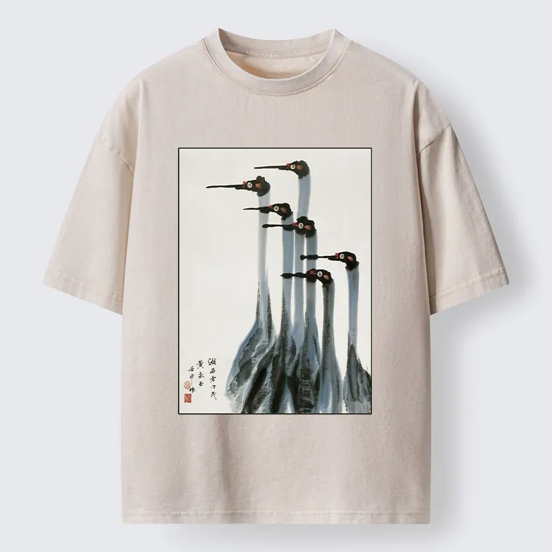 Tokyo-Tiger Retro Crane Painting Washed T-Shirt