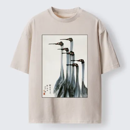 Tokyo-Tiger Retro Crane Painting Washed T-Shirt