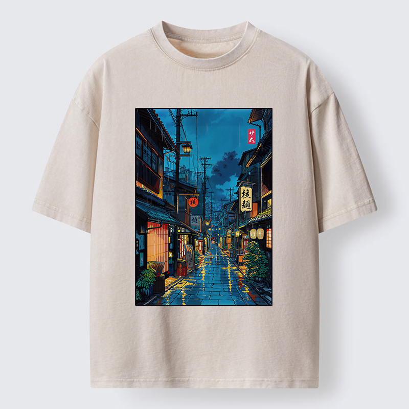 Tokyo-Tiger Japanese Teahouse Street Scene Washed T-Shirt