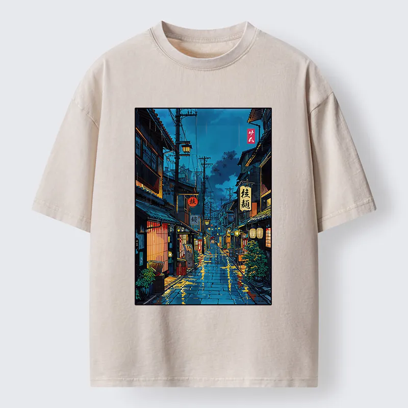 Tokyo-Tiger Japanese Teahouse Street Scene Washed T-Shirt