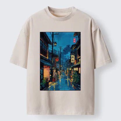 Tokyo-Tiger Japanese Teahouse Street Scene Washed T-Shirt