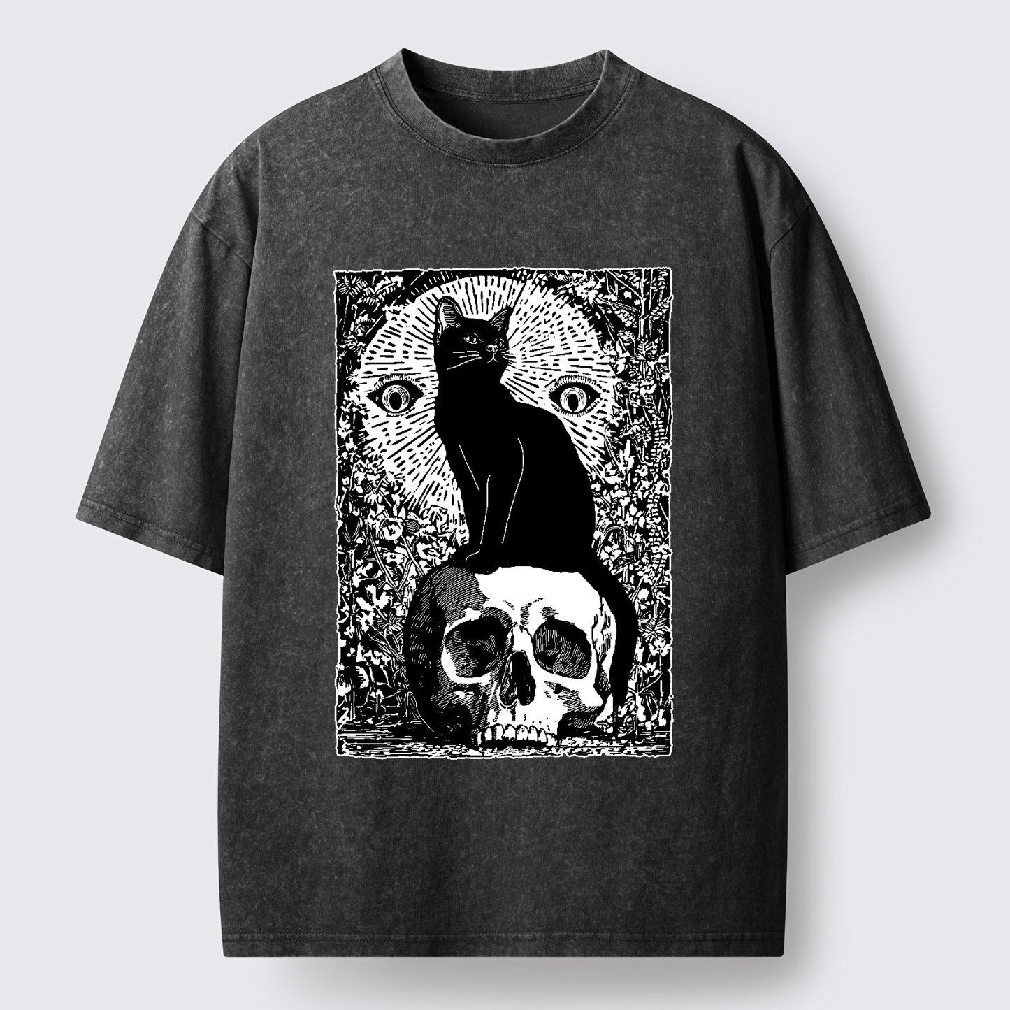 Tokyo-Tiger Black Cat Sitting On the Skull Washed T-Shirt