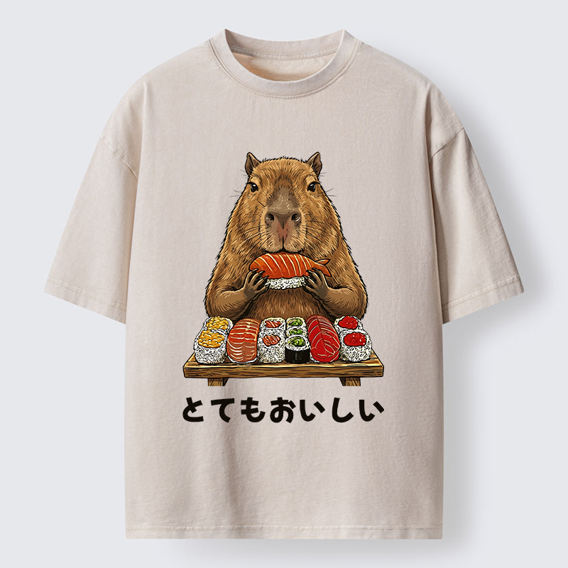 Tokyo-Tiger Capybaras Eat Sushi Washed T-Shirt