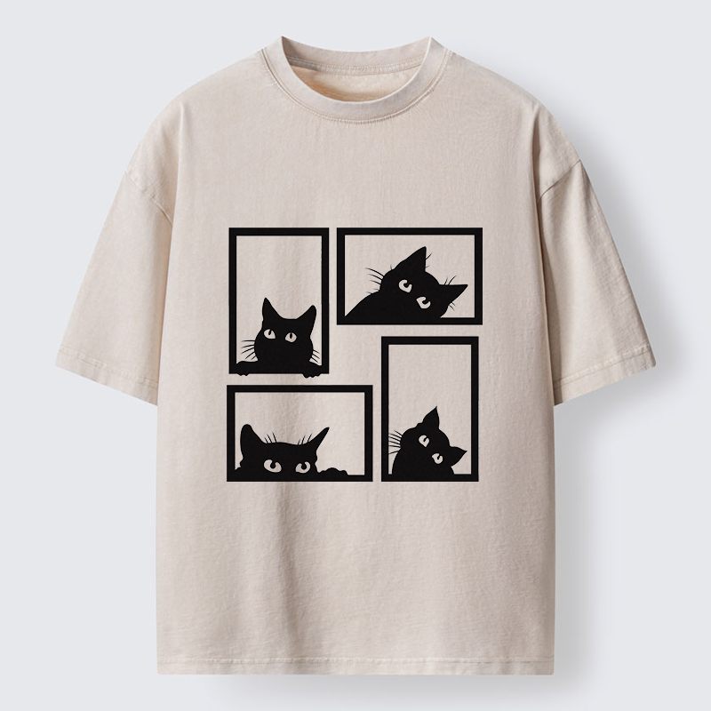 Tokyo-Tiger Cats In The Grid Washed T-Shirt