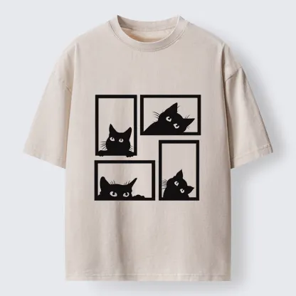 Tokyo-Tiger Cats In The Grid Washed T-Shirt