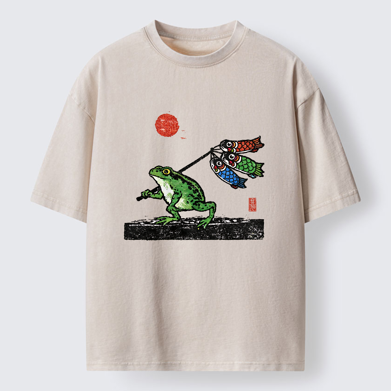 Tokyo-Tiger The Frog Carrying Carp Flags Washed T-Shirt