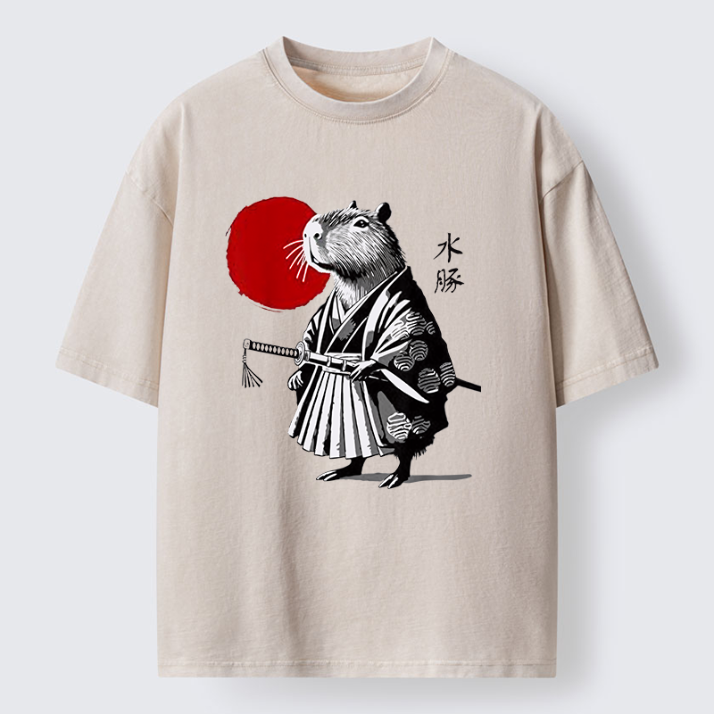 Tokyo-Tiger Capybara Samurai And Sun Washed T-Shirt
