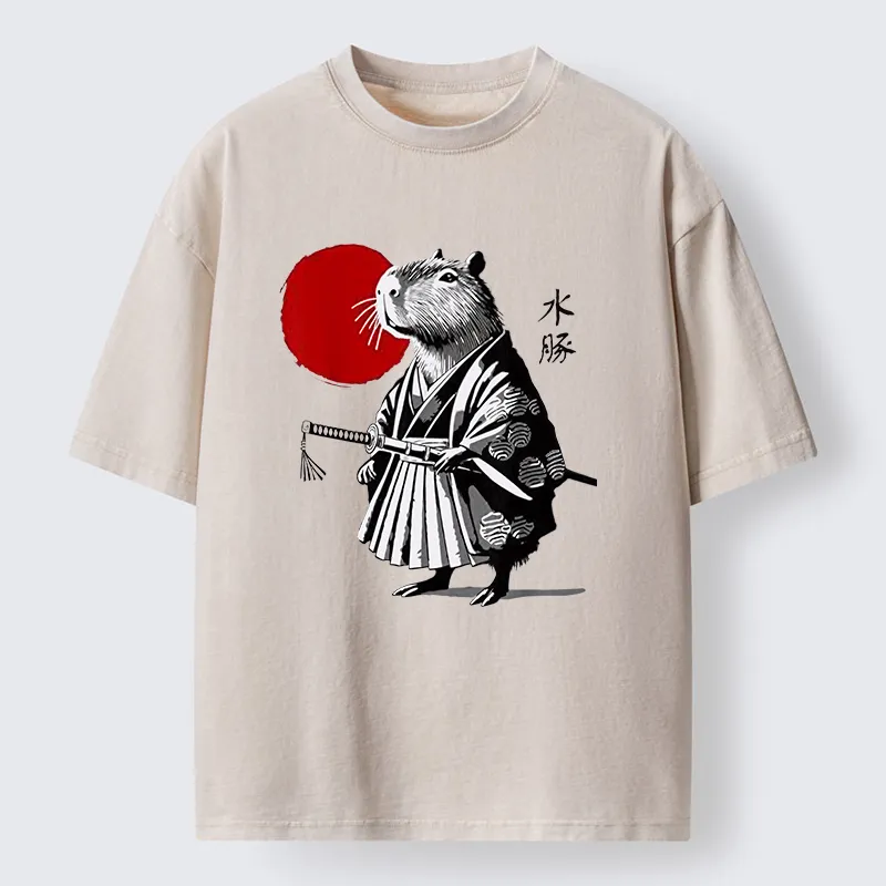 Tokyo-Tiger Capybara Samurai And Sun Washed T-Shirt
