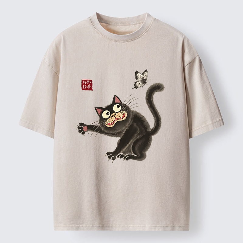 Tokyo-Tiger Cat Catching Butterflies Washed T-Shirt