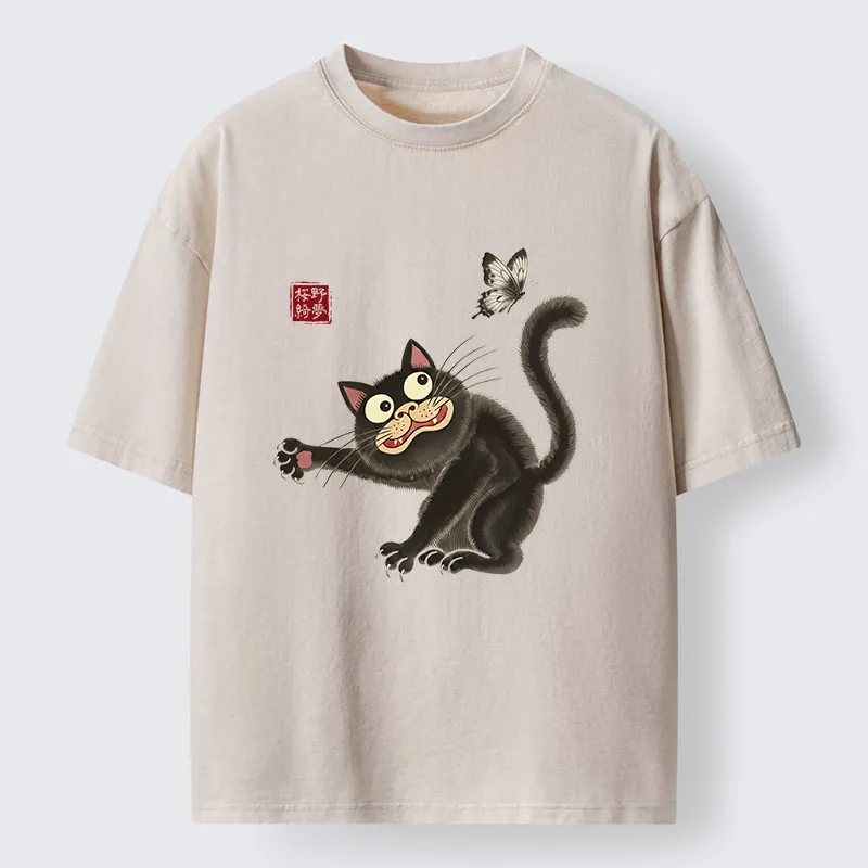Tokyo-Tiger Cat Catching Butterflies Washed T-Shirt
