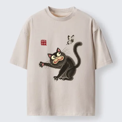 Tokyo-Tiger Cat Catching Butterflies Washed T-Shirt